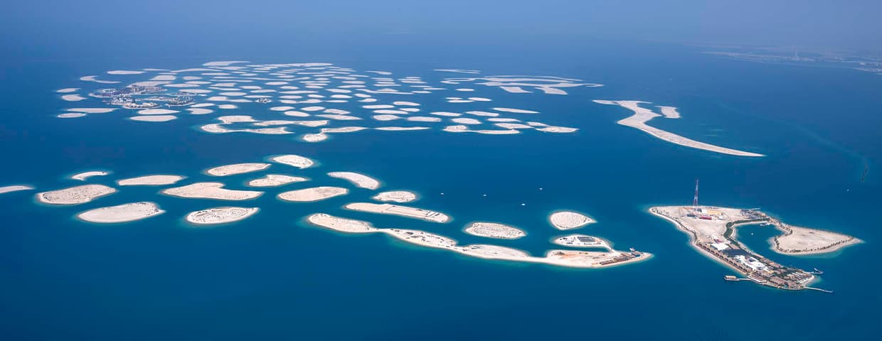 The World Islands Dubai coastline and island clusters viewed from the Arabian Gulf