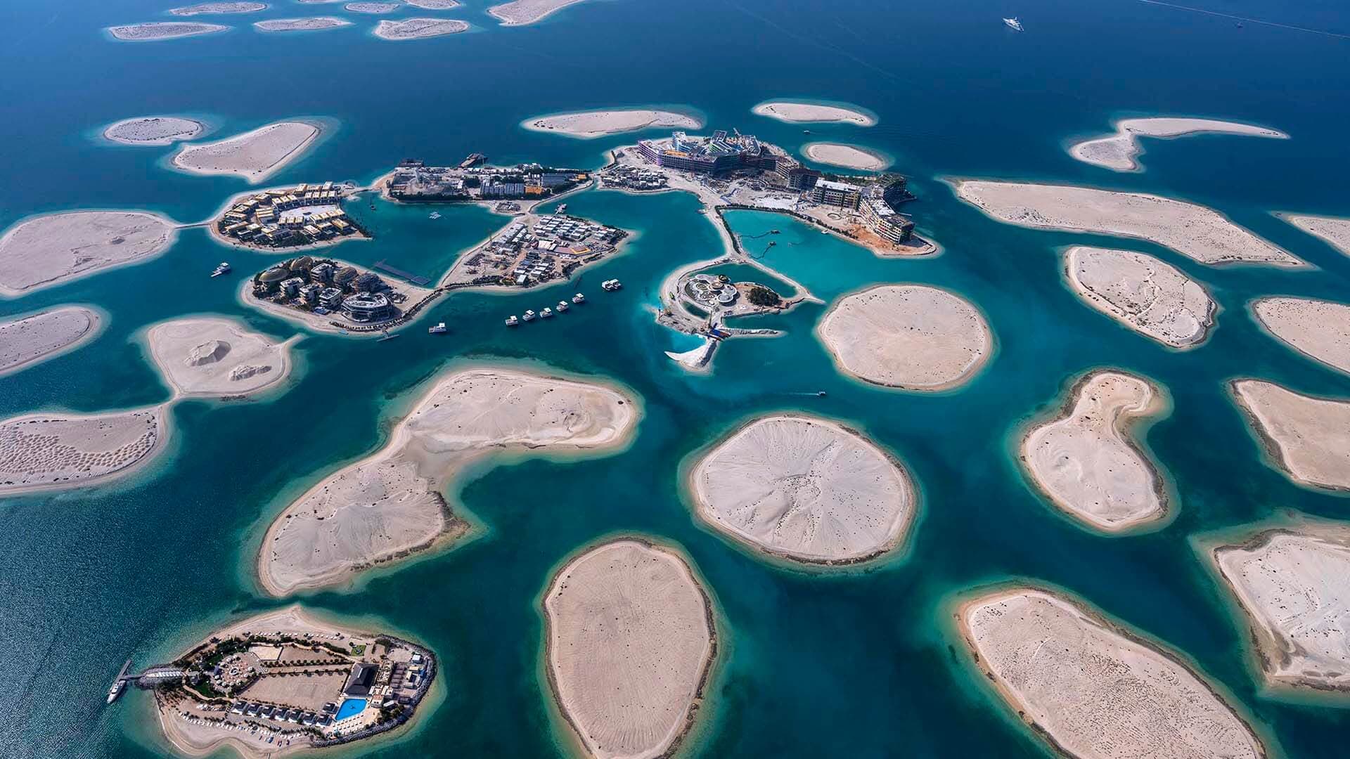Private island escape at The World Islands Dubai with Dubai skyline in the distance