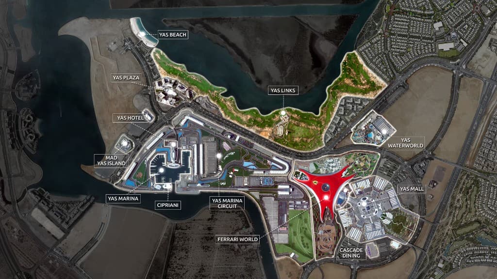 Illustrated Yas Island map with Yas Beach, Yas Marina, Yas Links, Yas Marina Circuit, Ferrari World, Yas Mall and other landmarks, Abu Dhabi