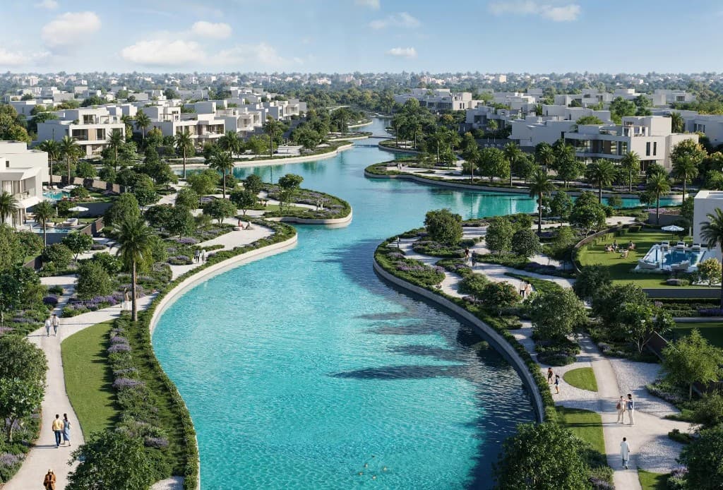 Canal masterplan aerial at Address Villas Tierra, Emaar villas in The Oasis, Dubai