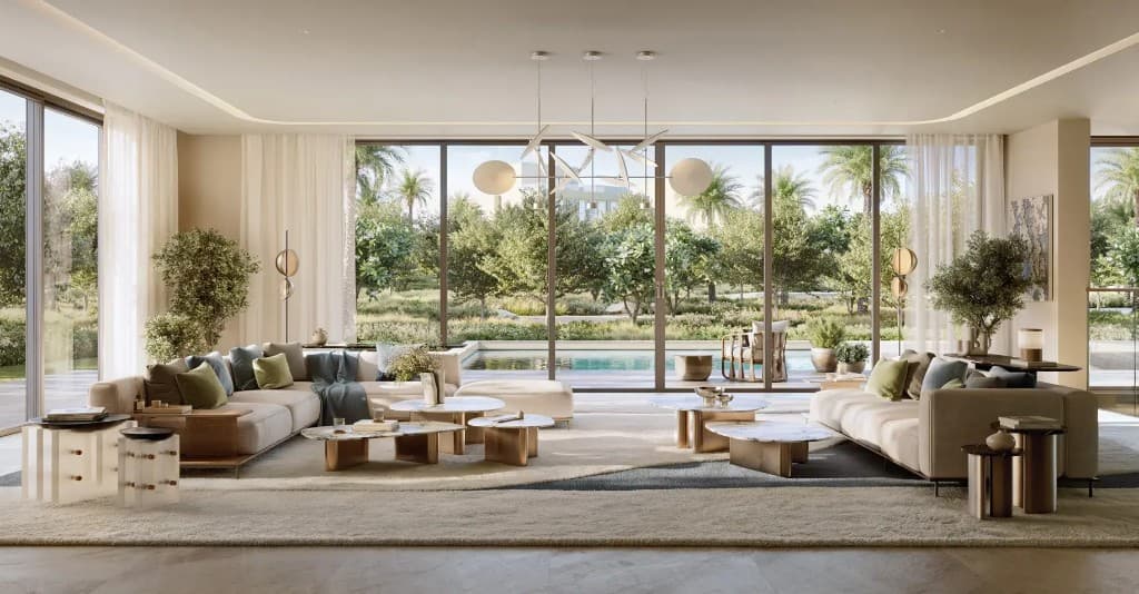 Living room with lagoon view at Address Villas Tierra, Emaar villas in The Oasis, Dubai