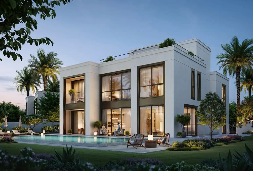 Villa pool at evening at Address Villas Tierra, Emaar villas in The Oasis, Dubai