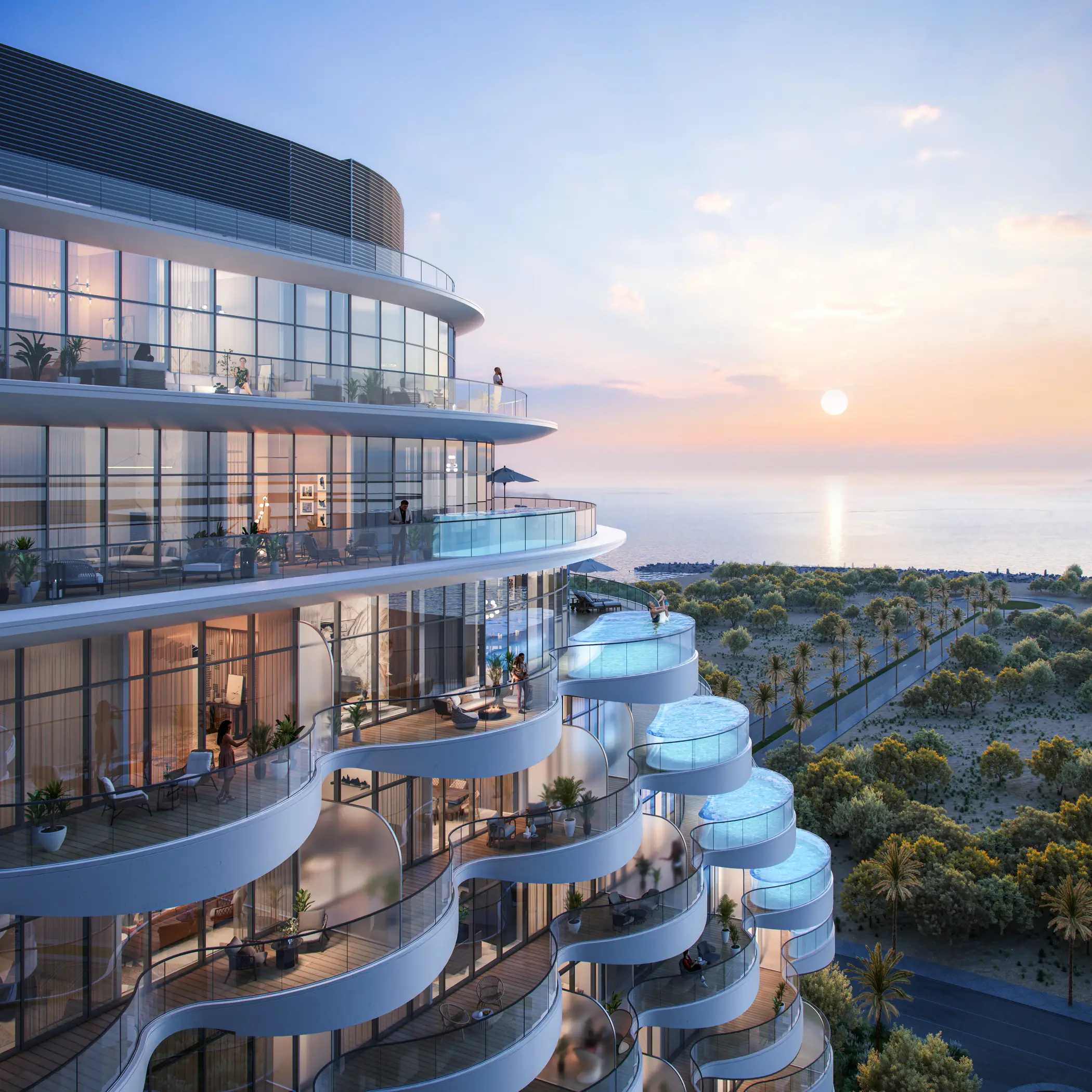 Living room with sea view at Aqua Arc, Al Marjan