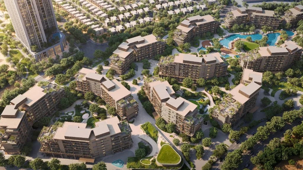 Arancia Yards by Beyond building exterior and central gardens, City of Arabia Dubai