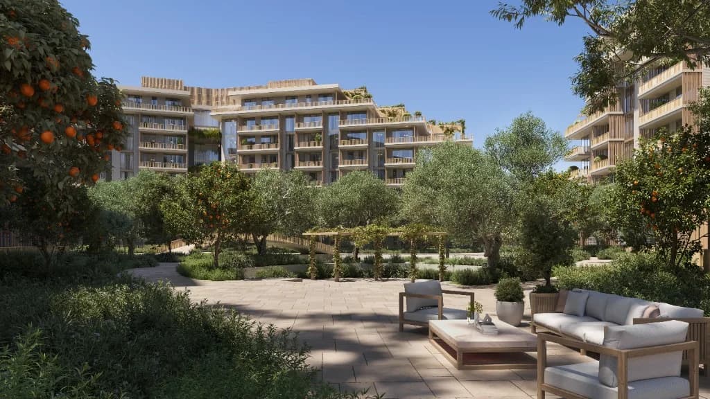 Arancia Yards by Beyond lagoon pool aerial, City of Arabia Dubai