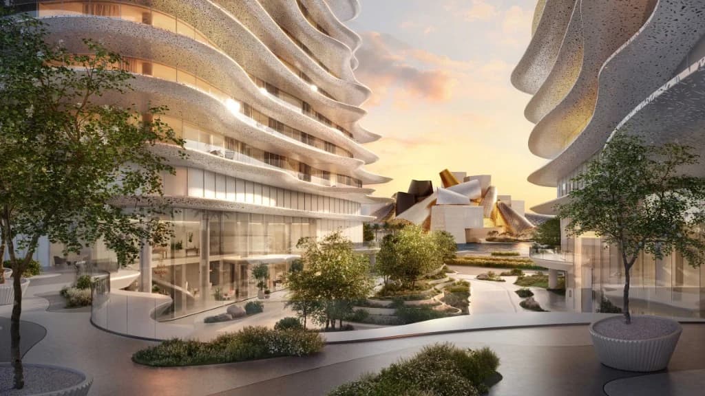 Baccarat Residences Saadiyat by Aldar aerial view of Saadiyat Cultural District at twilight with Louvre and Guggenheim Abu Dhabi, Abu Dhabi
