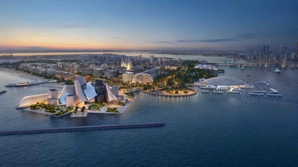 Baccarat Residences Saadiyat by Aldar aerial dusk view toward Louvre Abu Dhabi and Guggenheim Abu Dhabi, Saadiyat Island