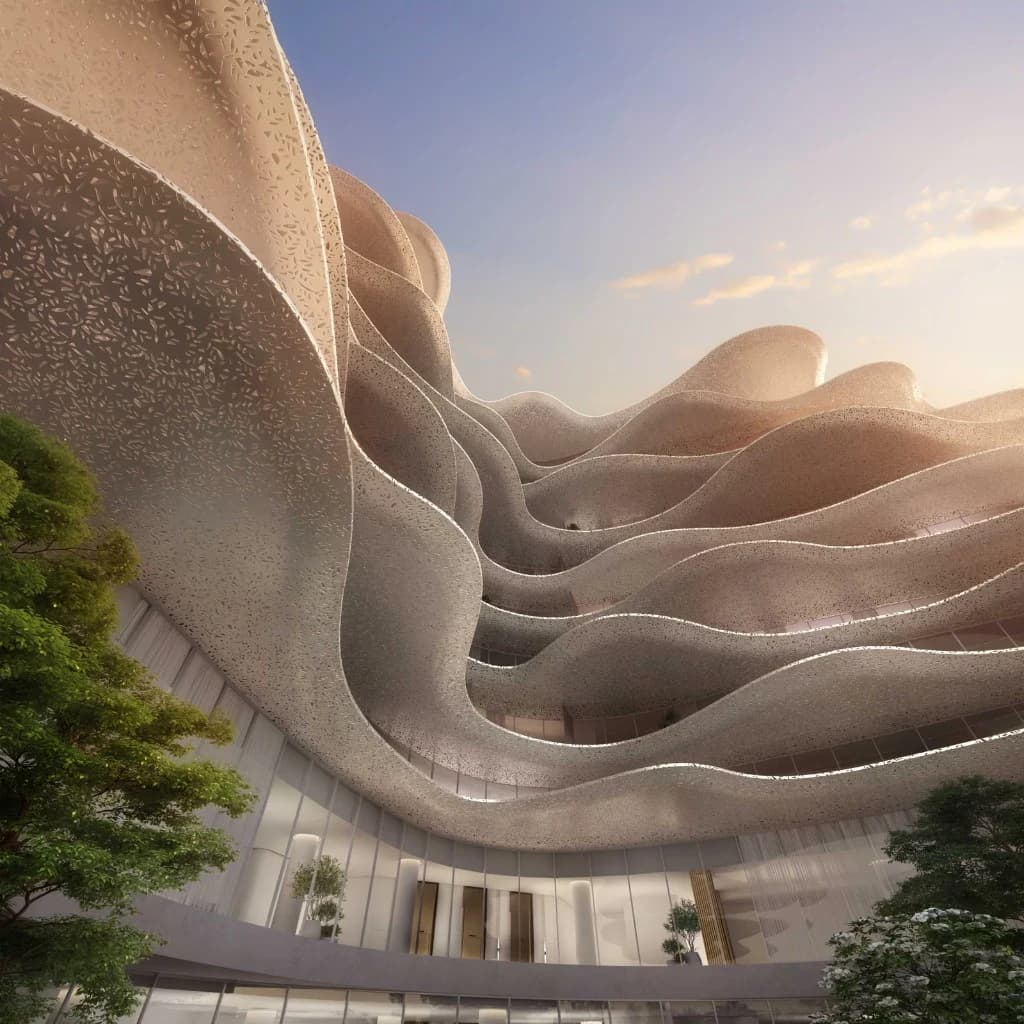 Baccarat Residences Saadiyat by Aldar landscaped courtyard with Guggenheim Abu Dhabi beyond, Saadiyat Island Abu Dhabi