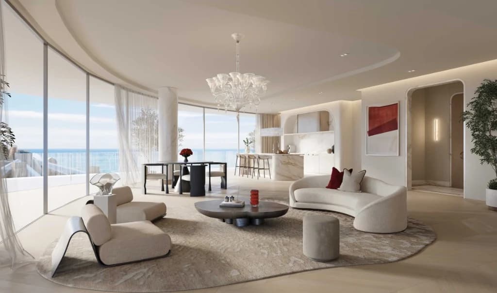 Baccarat Residences Saadiyat by Aldar living and dining room with Arabian Gulf terrace views, Saadiyat Island Abu Dhabi