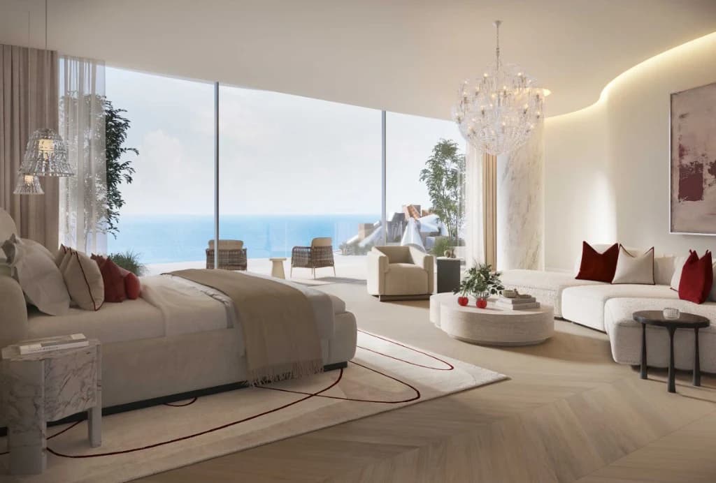 Baccarat Residences Saadiyat by Aldar master bathroom with freestanding tub and Guggenheim Abu Dhabi view, Saadiyat Island Abu Dhabi