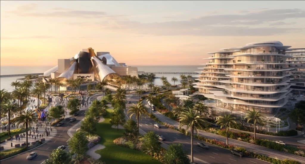 Baccarat Residences Saadiyat by Aldar twin towers with Guggenheim Abu Dhabi at sunset, Saadiyat Island Abu Dhabi