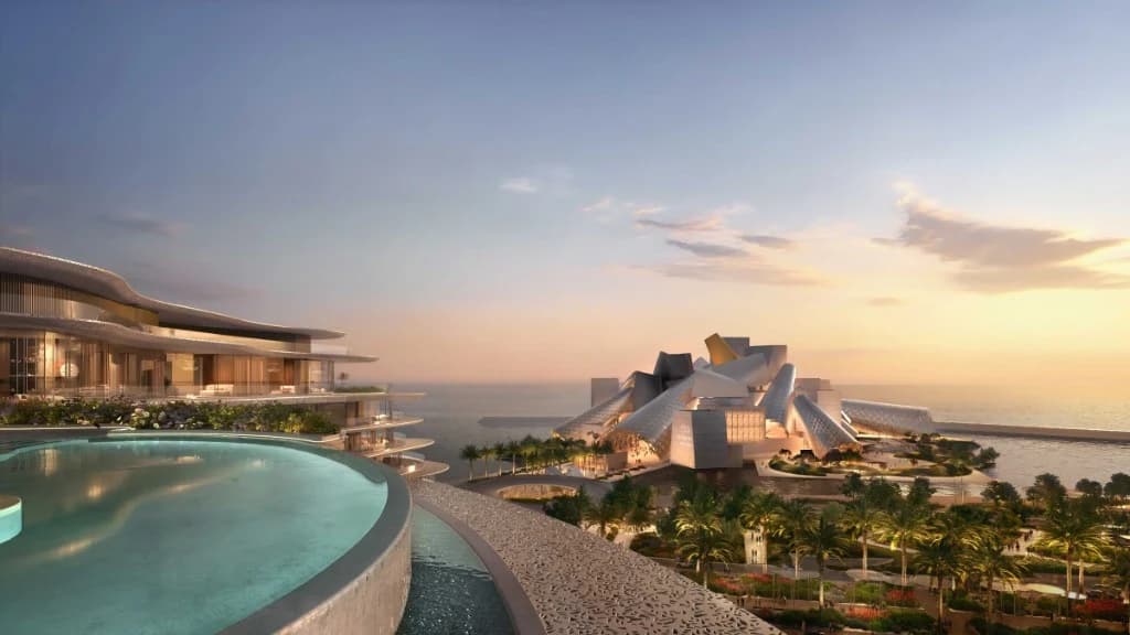 Baccarat Residences Saadiyat by Aldar undulating white facade at sunset, Saadiyat Cultural District Abu Dhabi