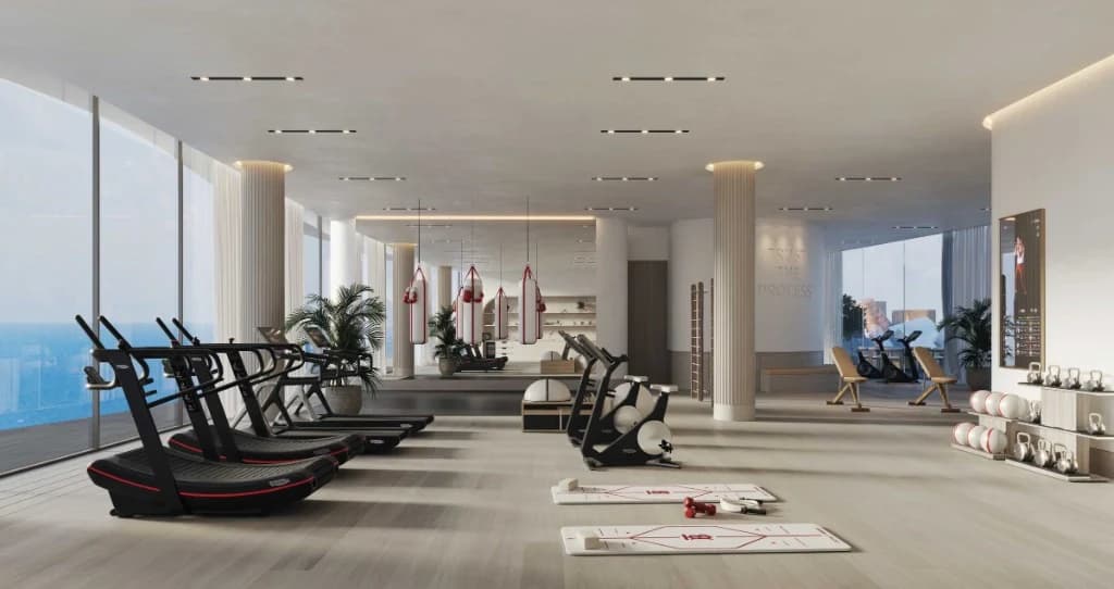 Baccarat Residences Saadiyat by Aldar wellness gym with floor to ceiling Arabian Gulf views, Saadiyat Island Abu Dhabi
