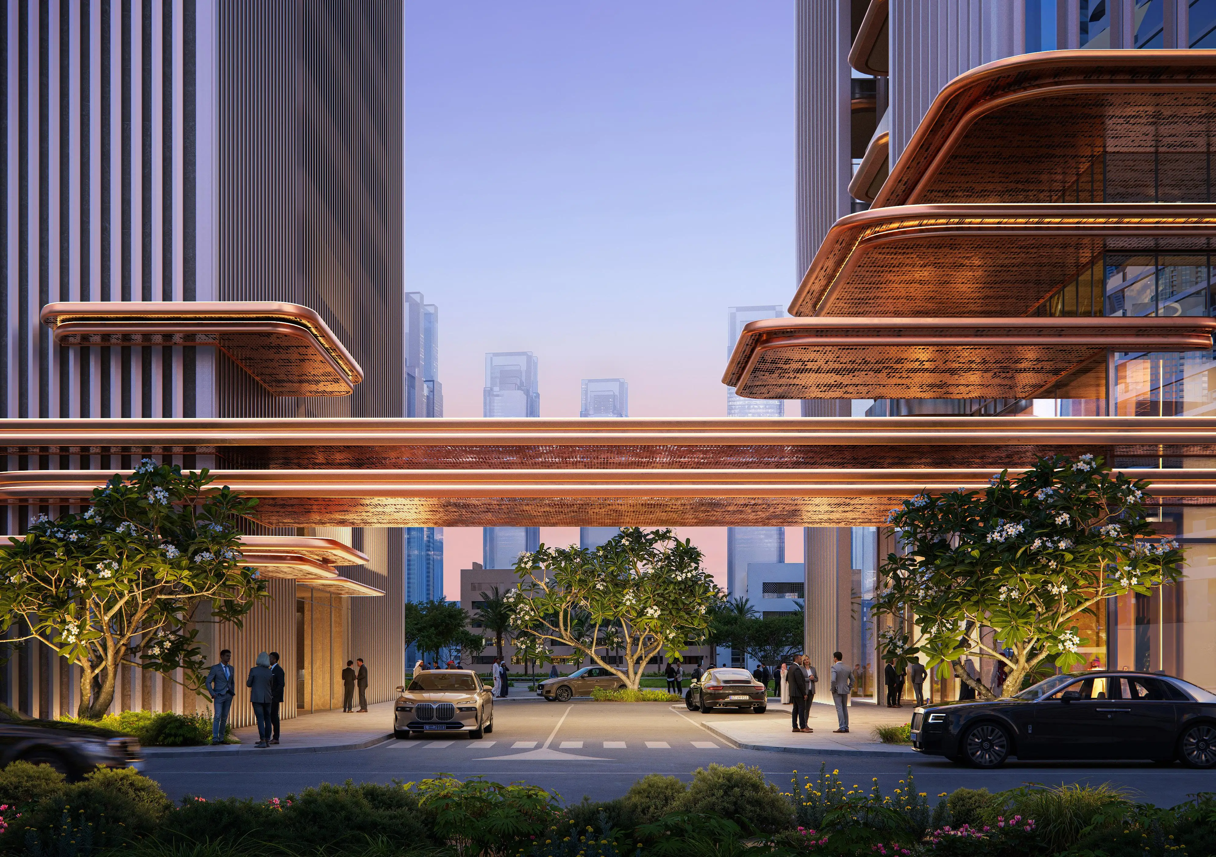 Arrival drop-off and podium terraces at Berkeley Tower by Ellington