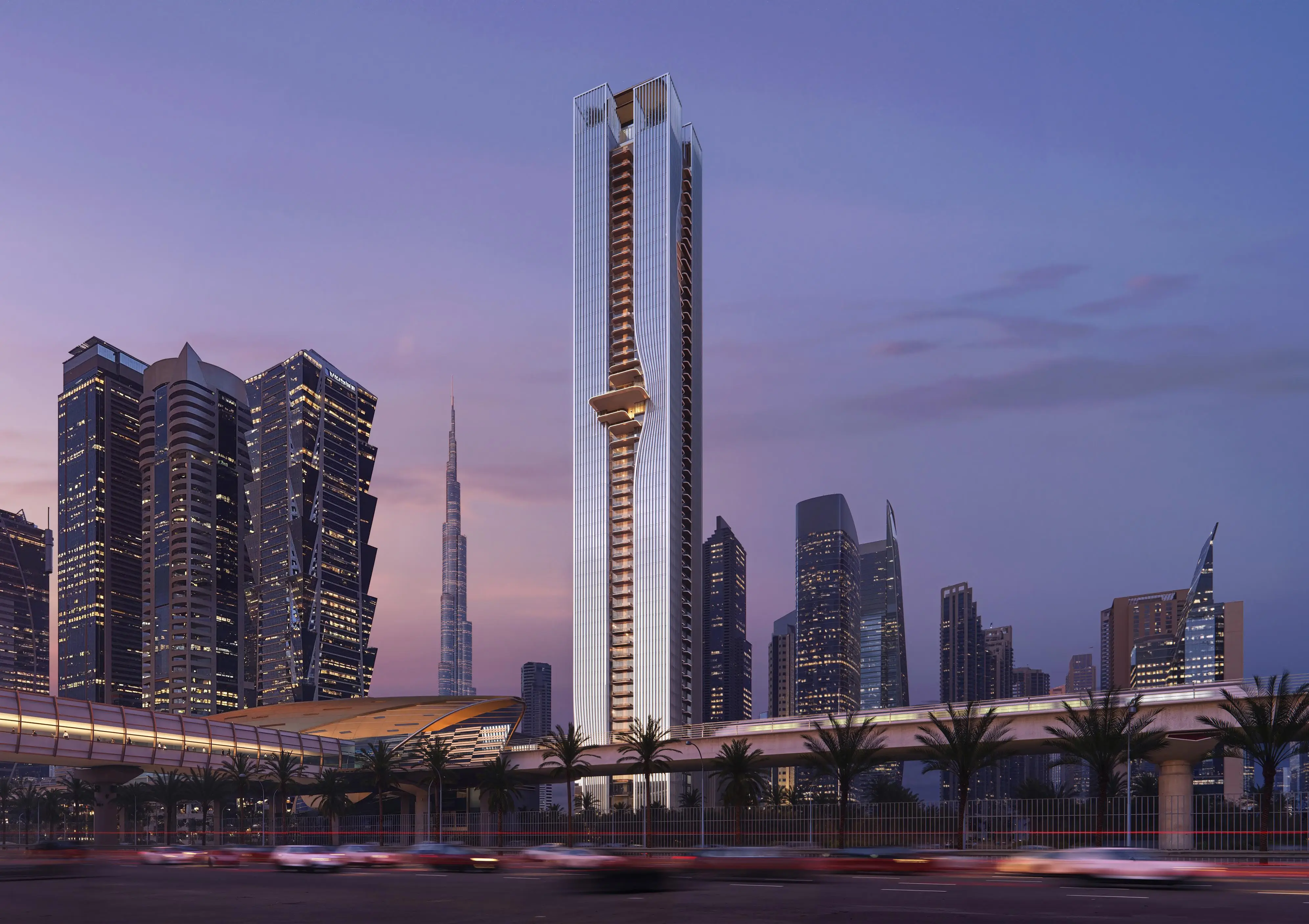 Berkeley Tower by Ellington at dusk on Sheikh Zayed Road, Business Bay, Dubai