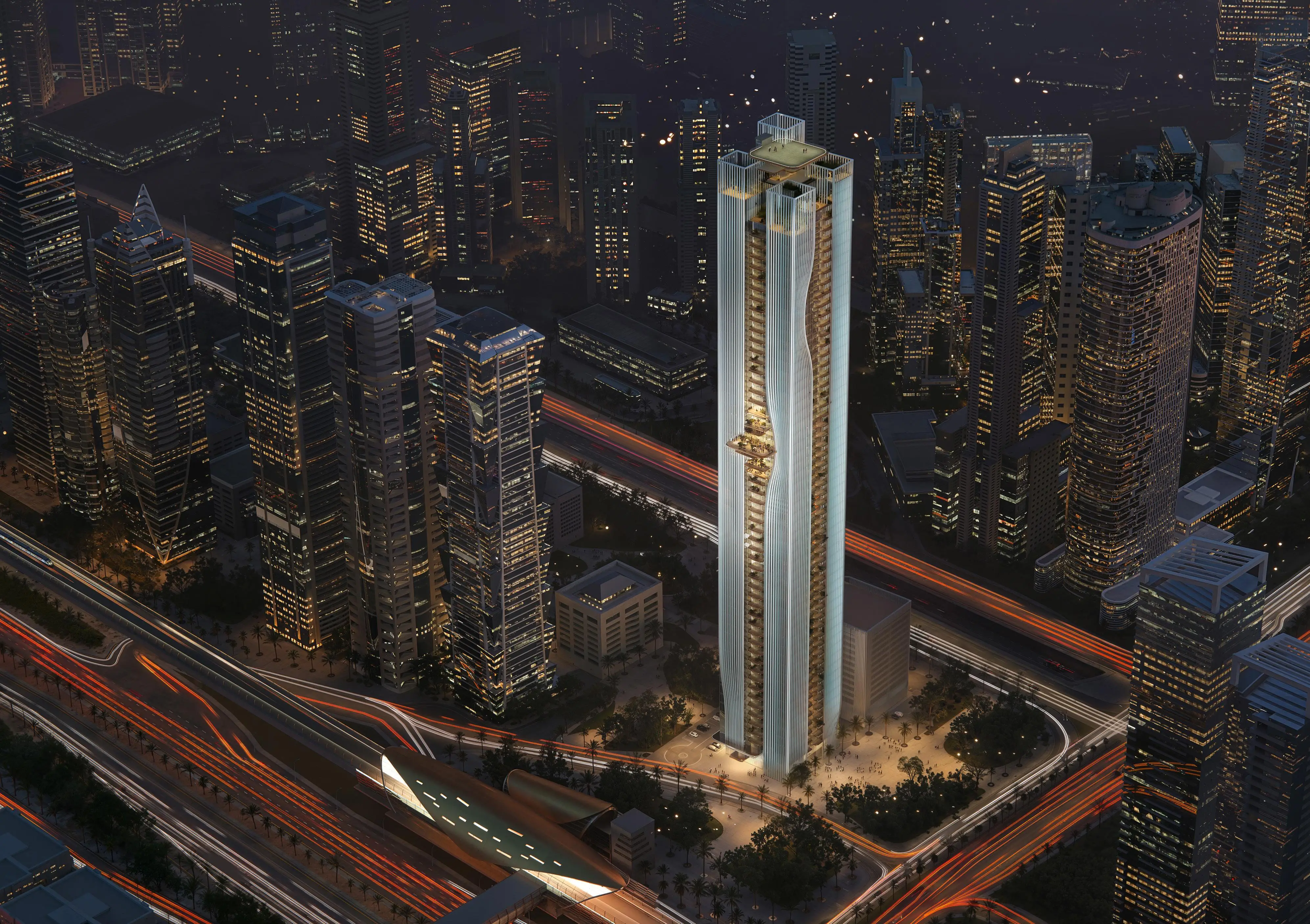 Night aerial of Berkeley Tower by Ellington in Business Bay, Dubai