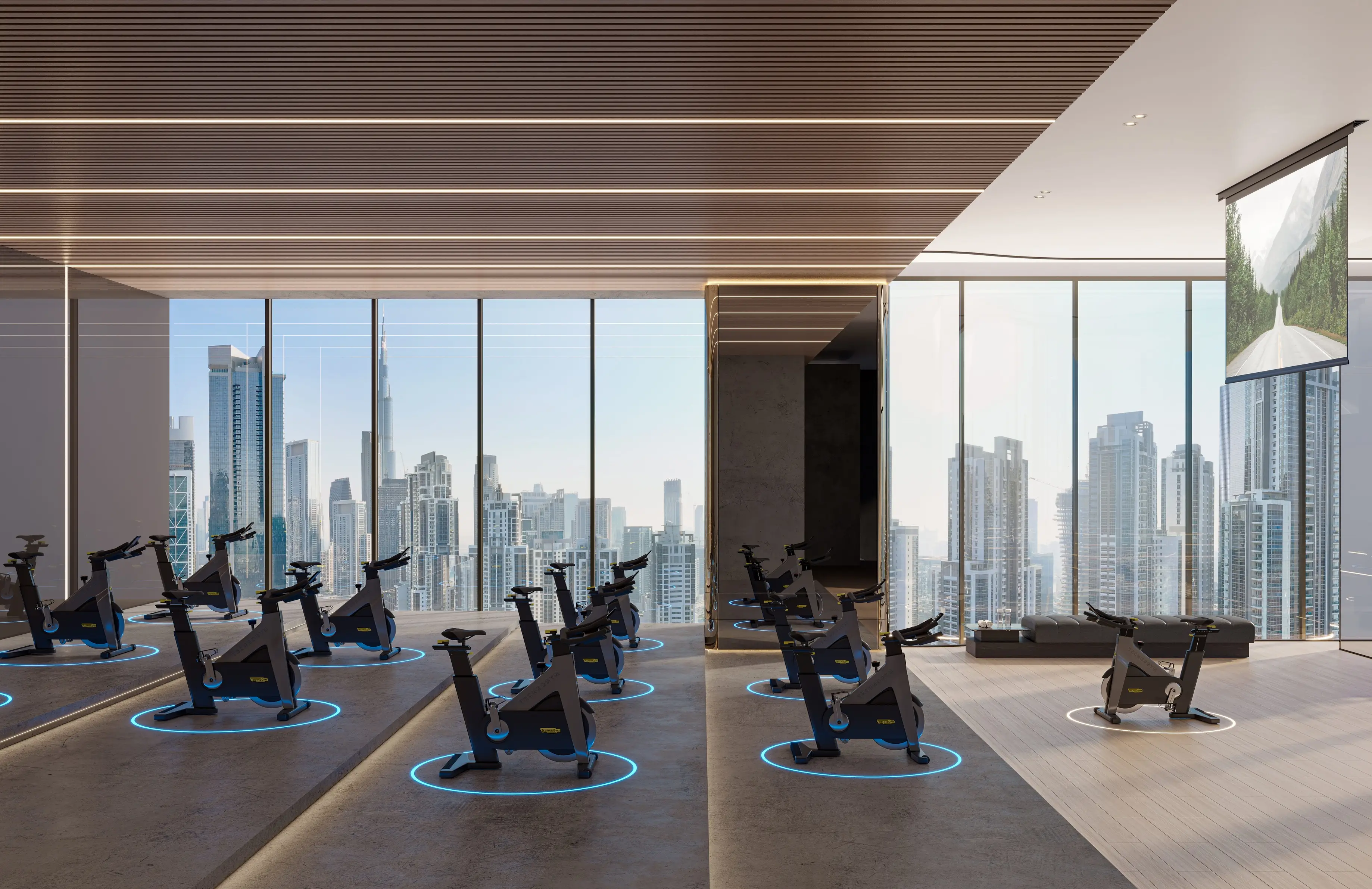 Indoor cycling studio at Berkeley Tower by Ellington