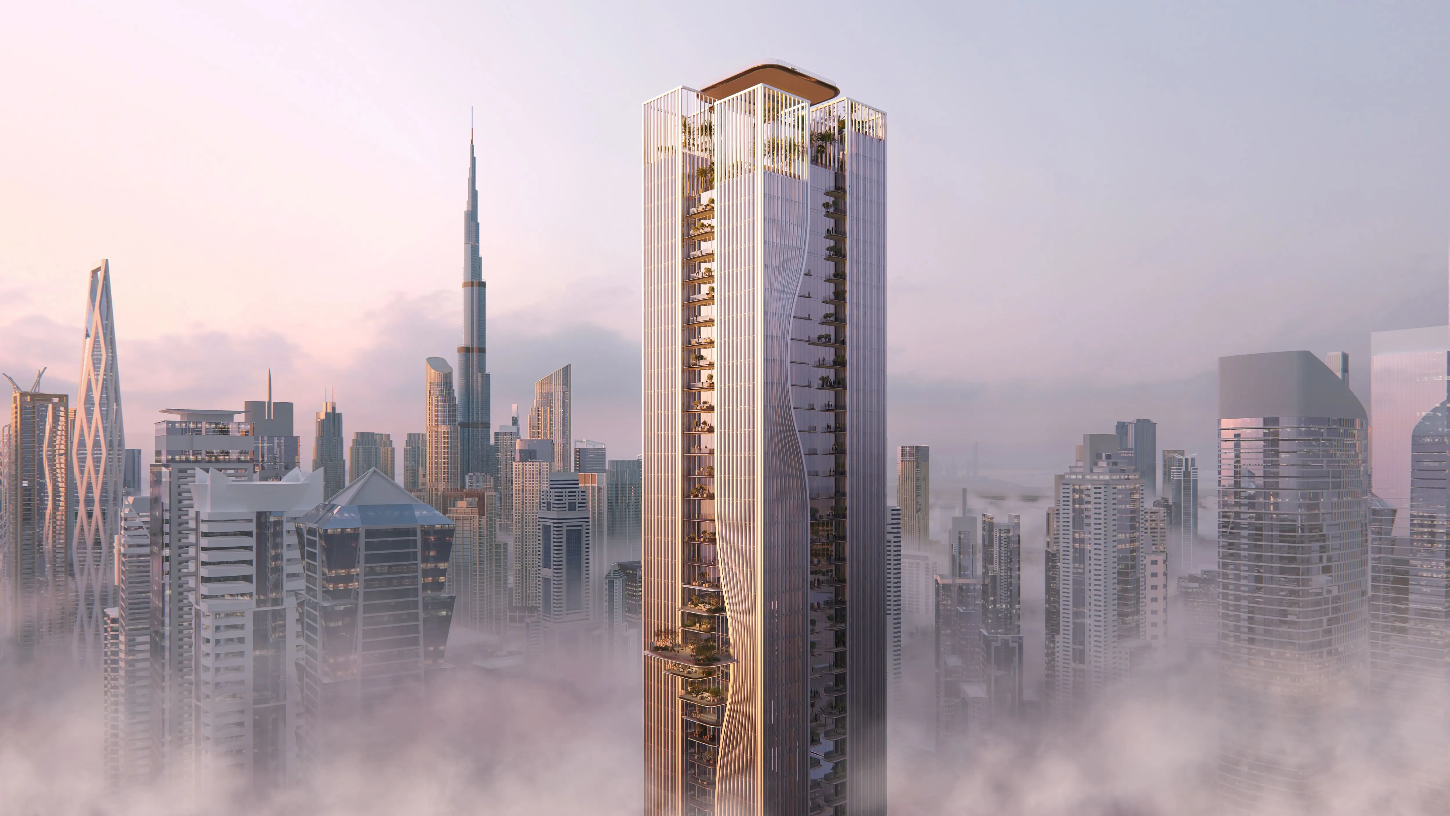 Berkeley Tower by Ellington at dawn above the Business Bay skyline, Dubai