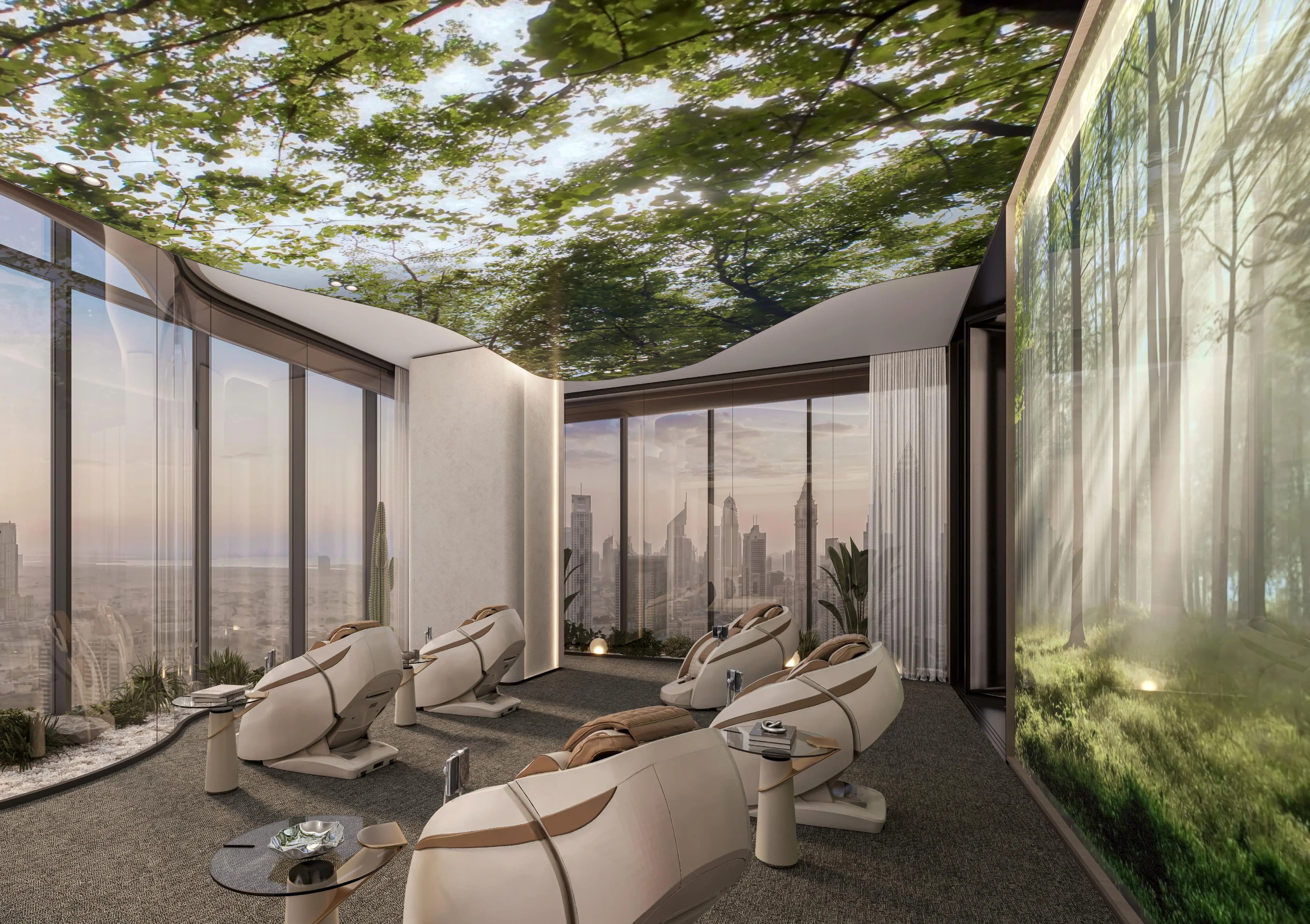 Wellness lounge with a city view at Berkeley Tower by Ellington