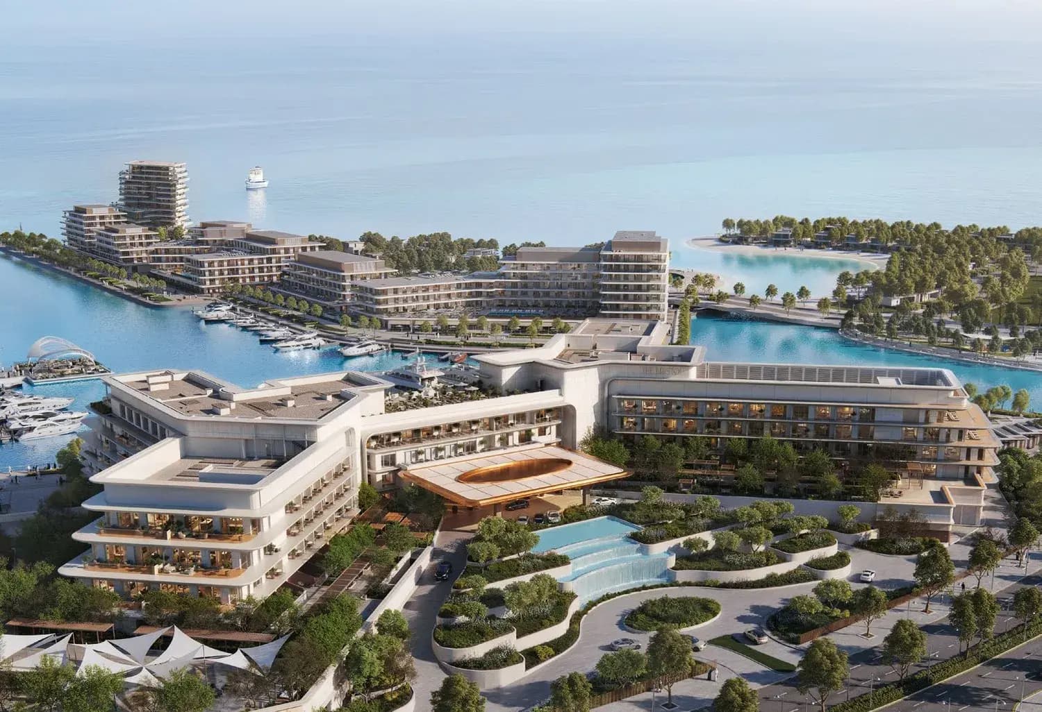 Aerial view of The Bristol Residences with infinity pool deck and marina on Ramhan Island, Abu Dhabi