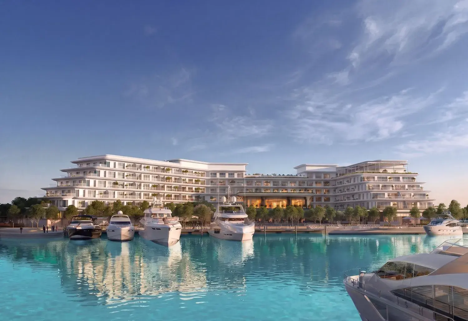 Exterior of The Bristol Residences with yachts docked at Ramhan Island marina, Abu Dhabi
