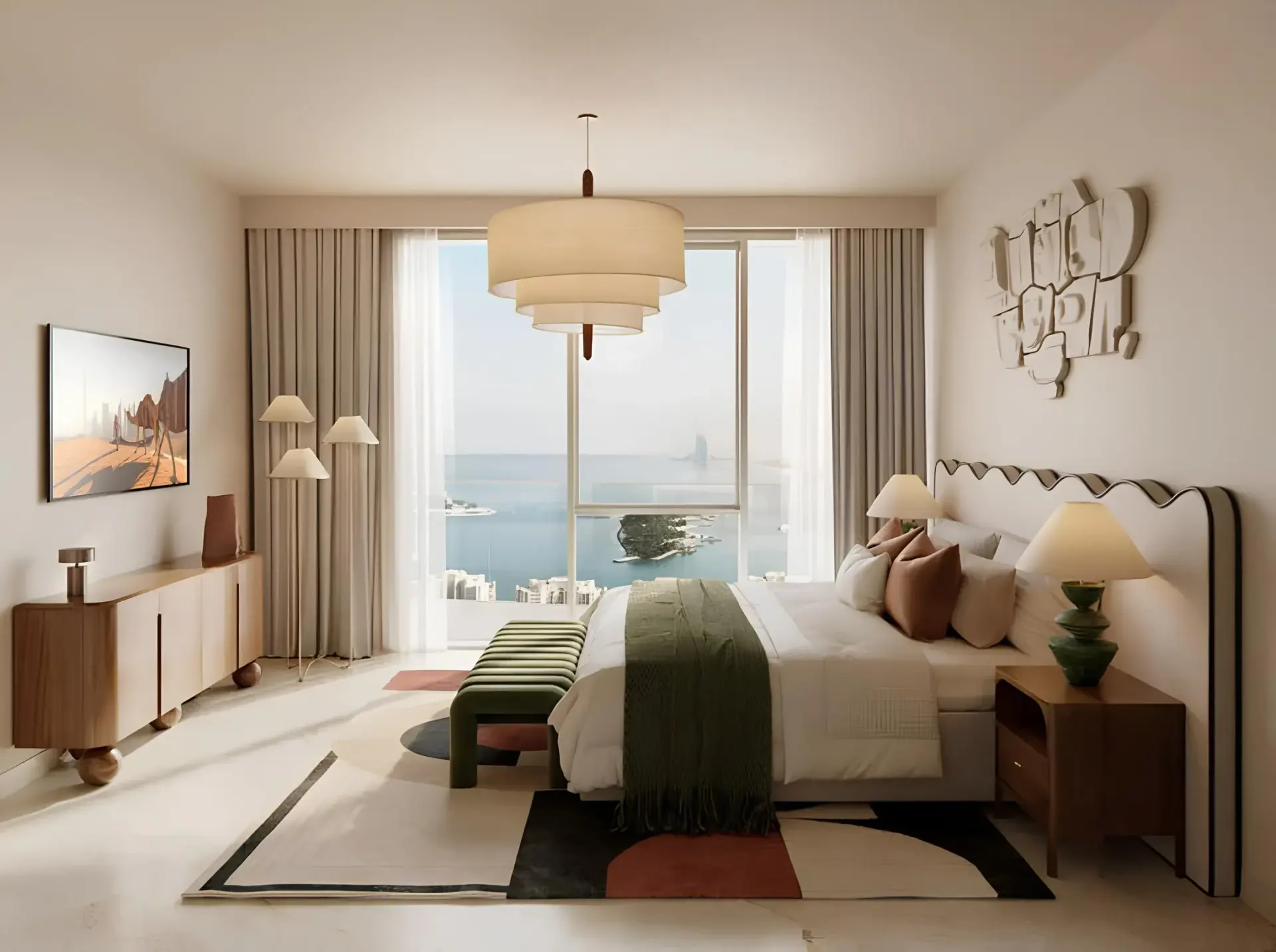 Master bedroom interior with sea views at The Bristol Residences, Ramhan Island, Abu Dhabi