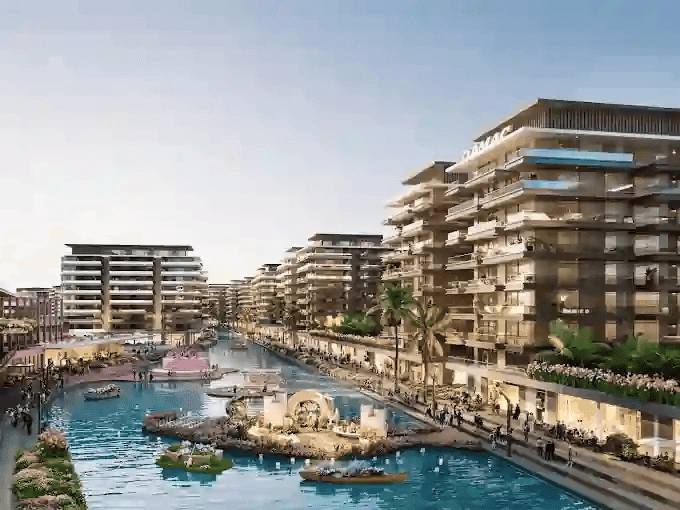 Illustrative render of DAMAC Riverlink canal-side retail and office blocks at DAMAC Riverside, Dubai Investments Park, Dubai