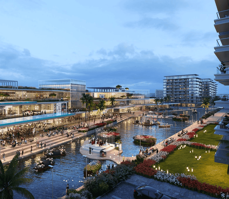 Illustrative evening render of DAMAC Riverlink canal promenade and waterfront at DAMAC Riverside, Dubai Investments Park, Dubai