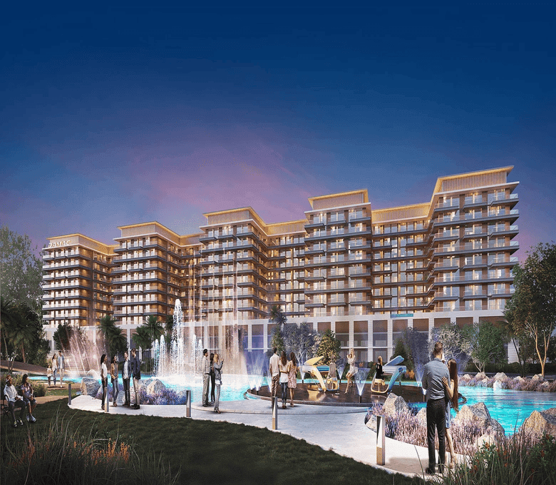 Illustrative render of DAMAC Riverlink commercial building with fountains at DAMAC Riverside, Dubai Investments Park, Dubai