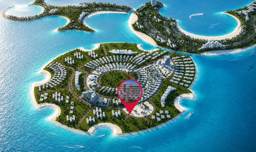 Static aerial location map for Dolce Residences by Wyndham on Al Marjan Island, Ras Al Khaimah, not live navigation