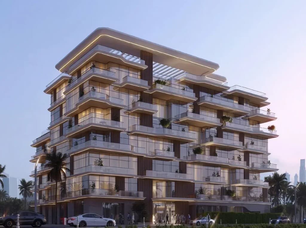 Dolce Residences by Wyndham building exterior at dusk, Ras Al Khaimah