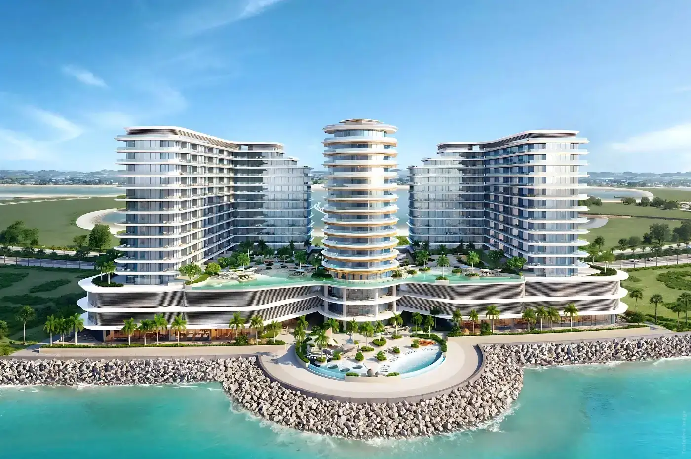 Dubai Creek Gardens towers and landscaped waterfront, Al Jaddaf, Dubai