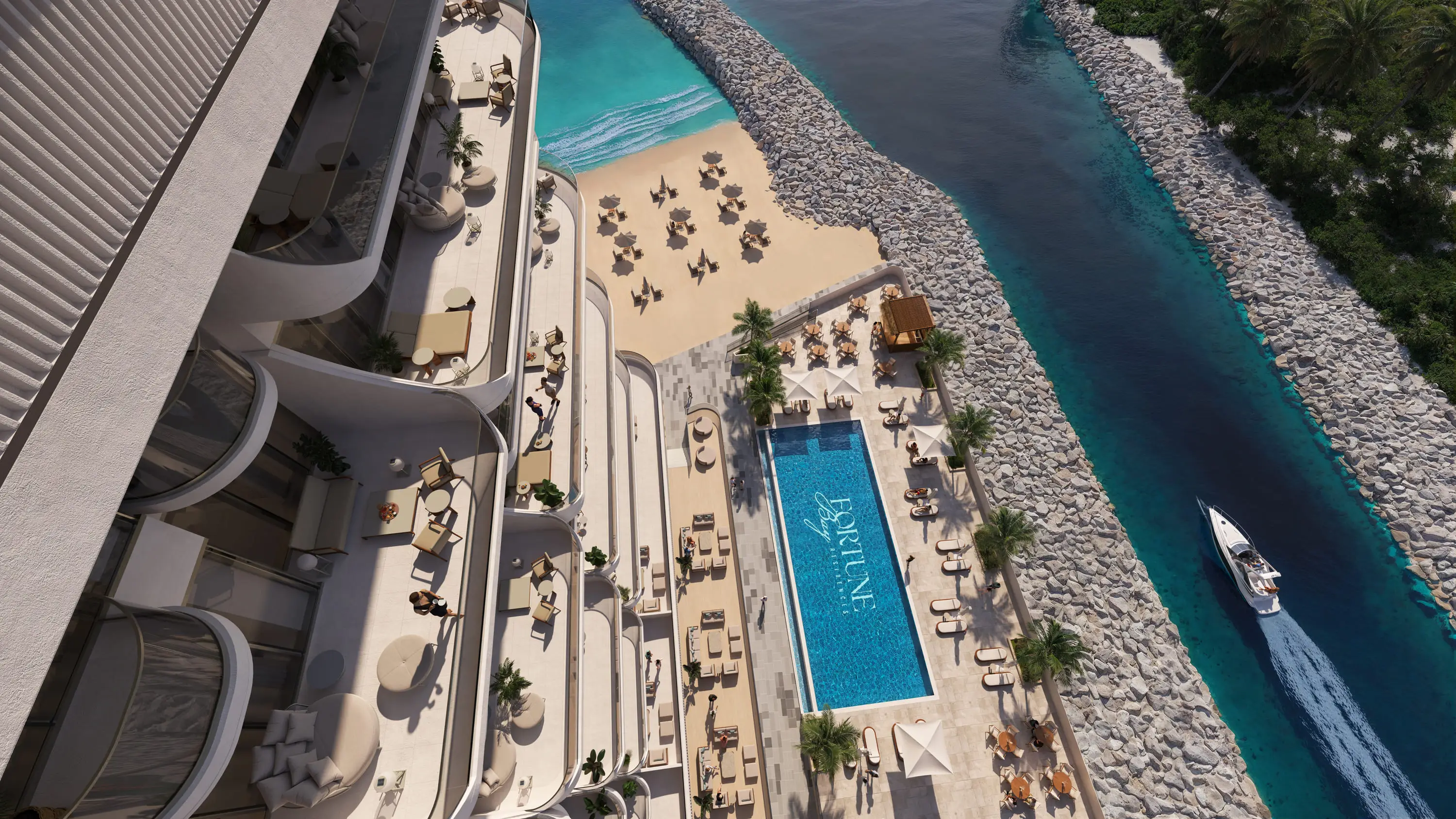 Static map for Fortune Bay Residences, Al Marjan on Al Marjan Island. Not live navigation.