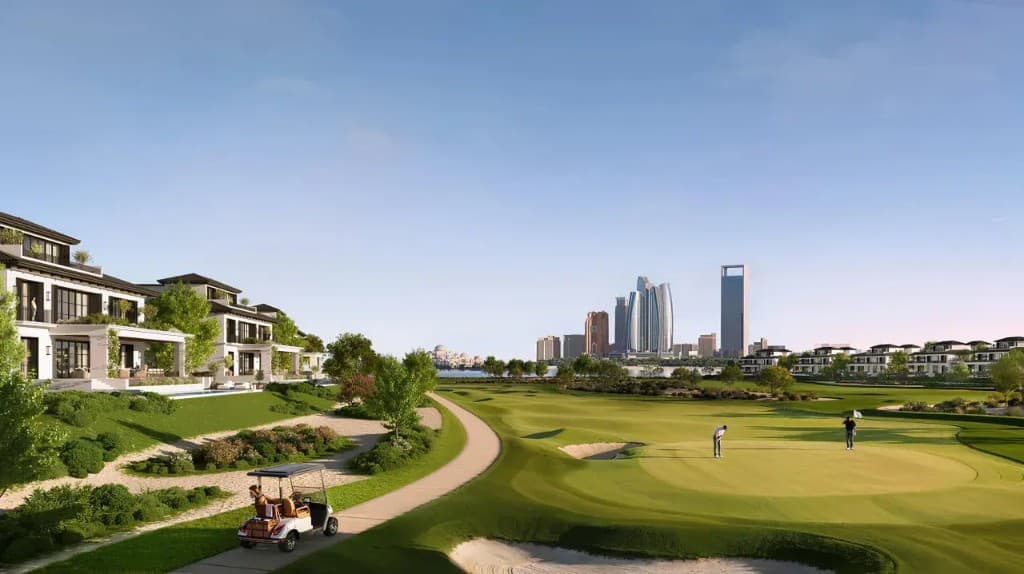 Hudayriyat Golf Estates by Modon aerial view of championship golf course and skyline, Hudayriyat Island Abu Dhabi