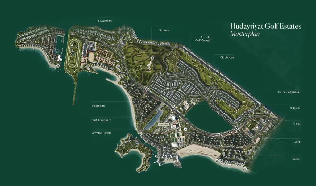 Static masterplan context for Hudayriyat Golf Estates by Modon on Hudayriyat Island, Abu Dhabi, not live navigation