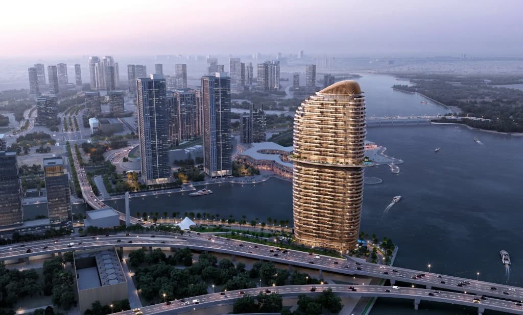 Jumeirah Residences at Al Maryah Island dusk aerial in Abu Dhabi