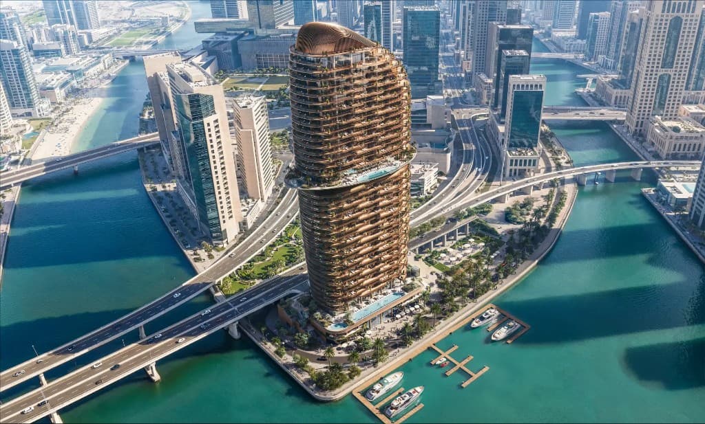 Static aerial of Jumeirah Residences at Al Maryah Island on the Abu Dhabi waterfront, not live navigation