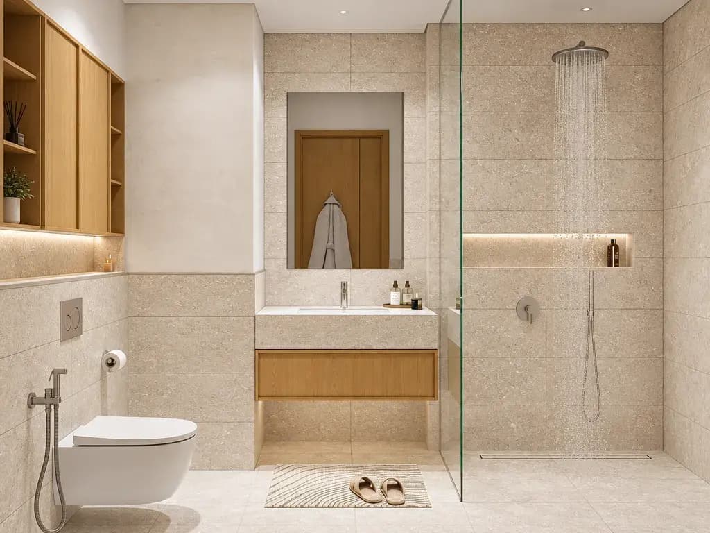 Modern bathroom interior at Kore by Imtiaz, Dubai Land Residence Complex