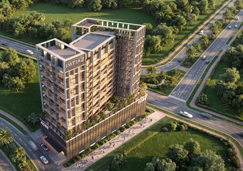 Static aerial context for Kore by Imtiaz at Dubai Land Residence Complex, not live navigation