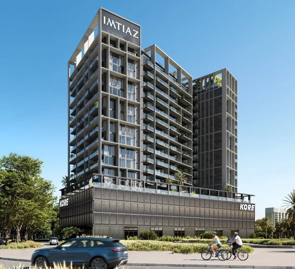 Kore by Imtiaz dual tower exterior at Dubai Land Residence Complex