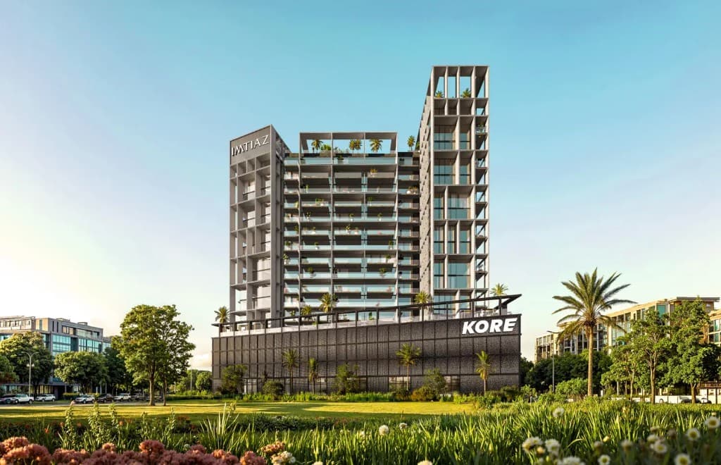 Kore by Imtiaz exterior with park setting at Dubai Land Residence Complex