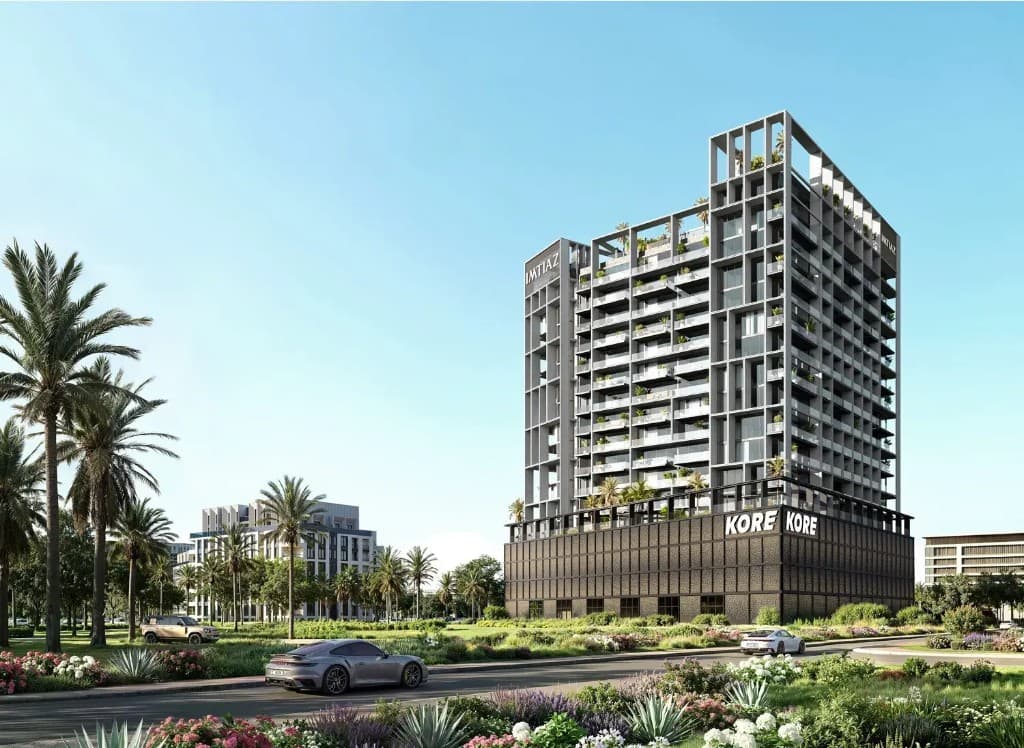 Kore by Imtiaz podium exterior at Dubai Land Residence Complex