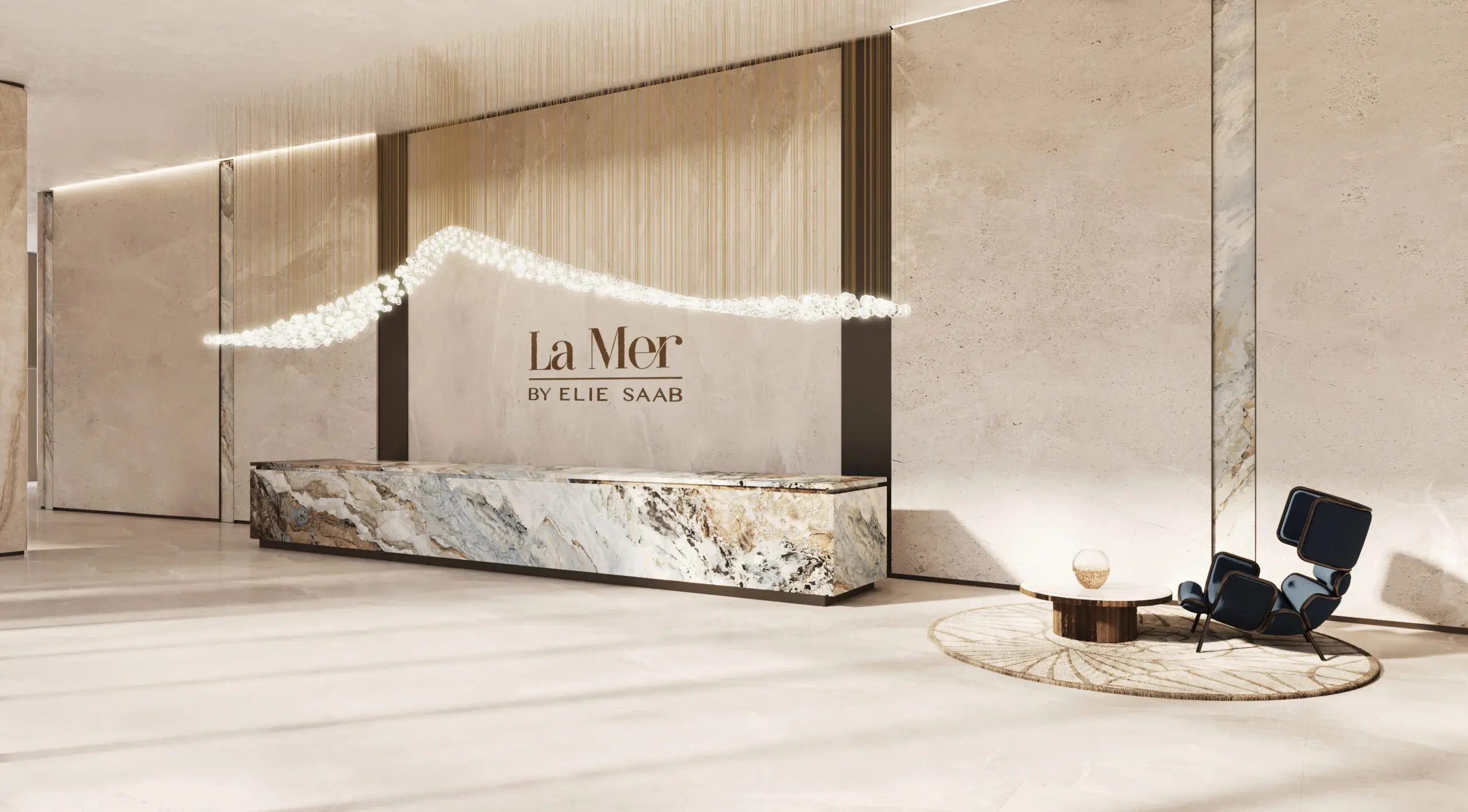 Bedroom interior at La Mer By Elie Saab, Al Marjan