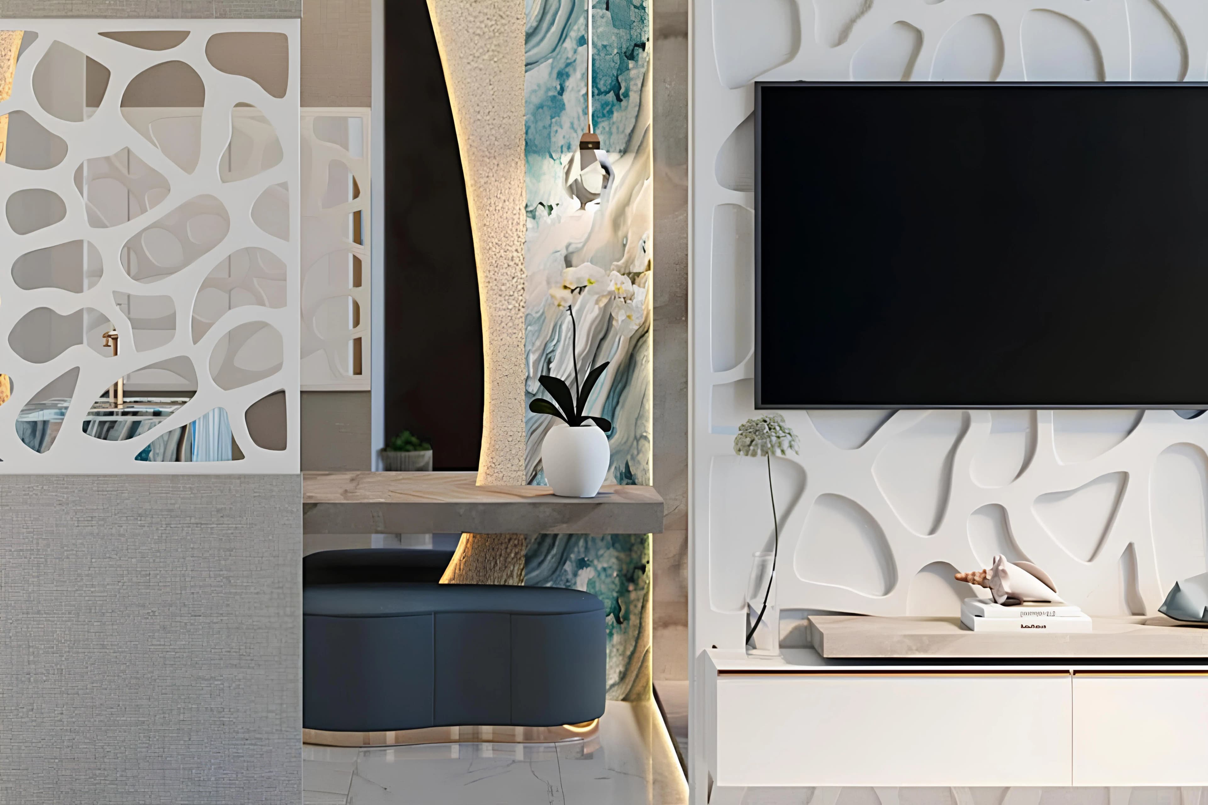 Living room with sea view at Manta Bay, Al Marjan