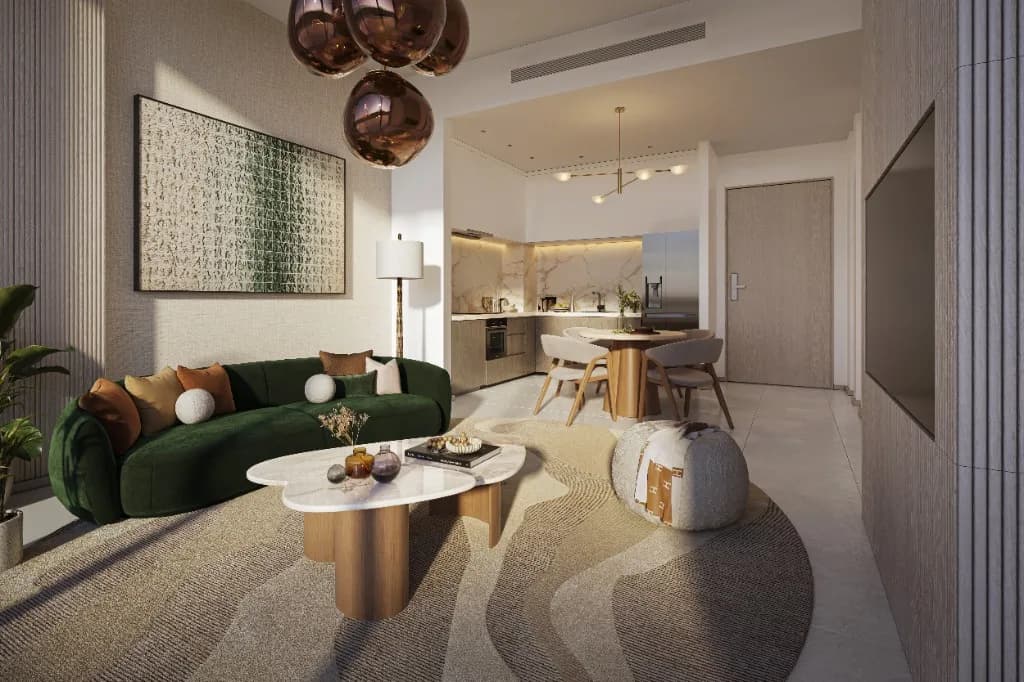 Melograno Yards by Beyond 1 bedroom living and dining interior, City of Arabia Dubai