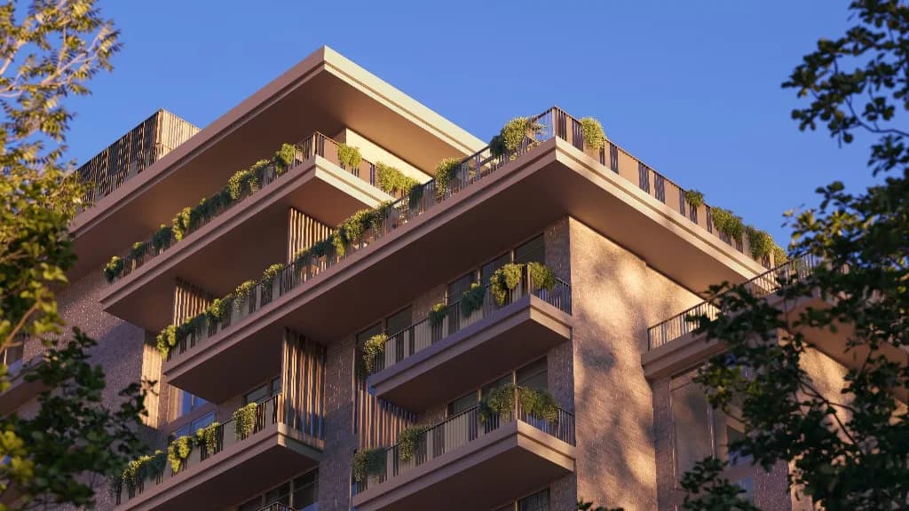 Melograno Yards by Beyond building exterior with landscaped gardens, City of Arabia Dubai
