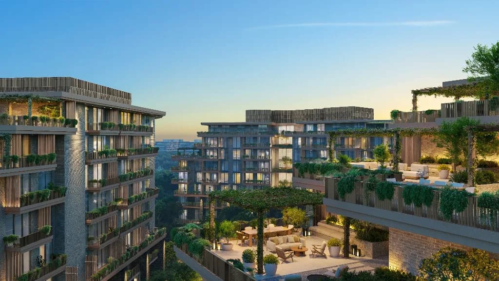 Melograno Yards by Beyond community exterior at evening, City of Arabia Dubai