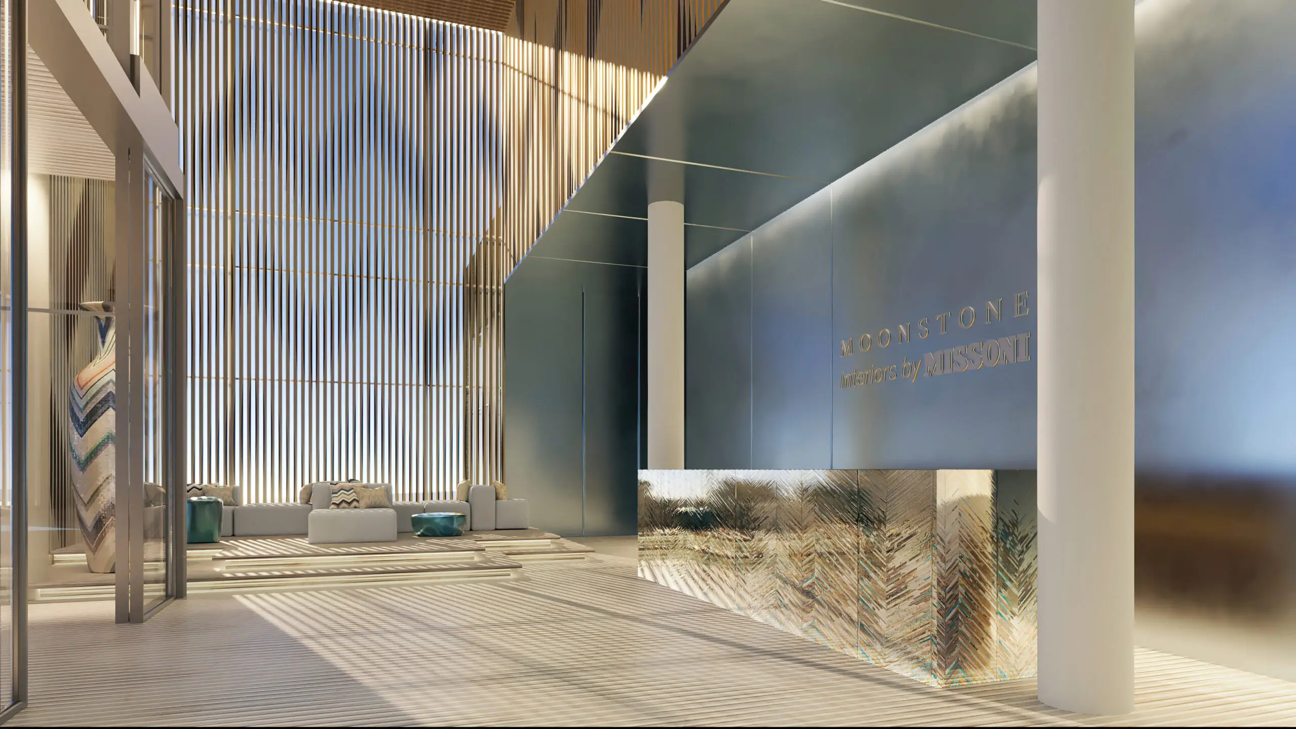 Living room render at Moonstone Interiors by Missoni, Al Marjan