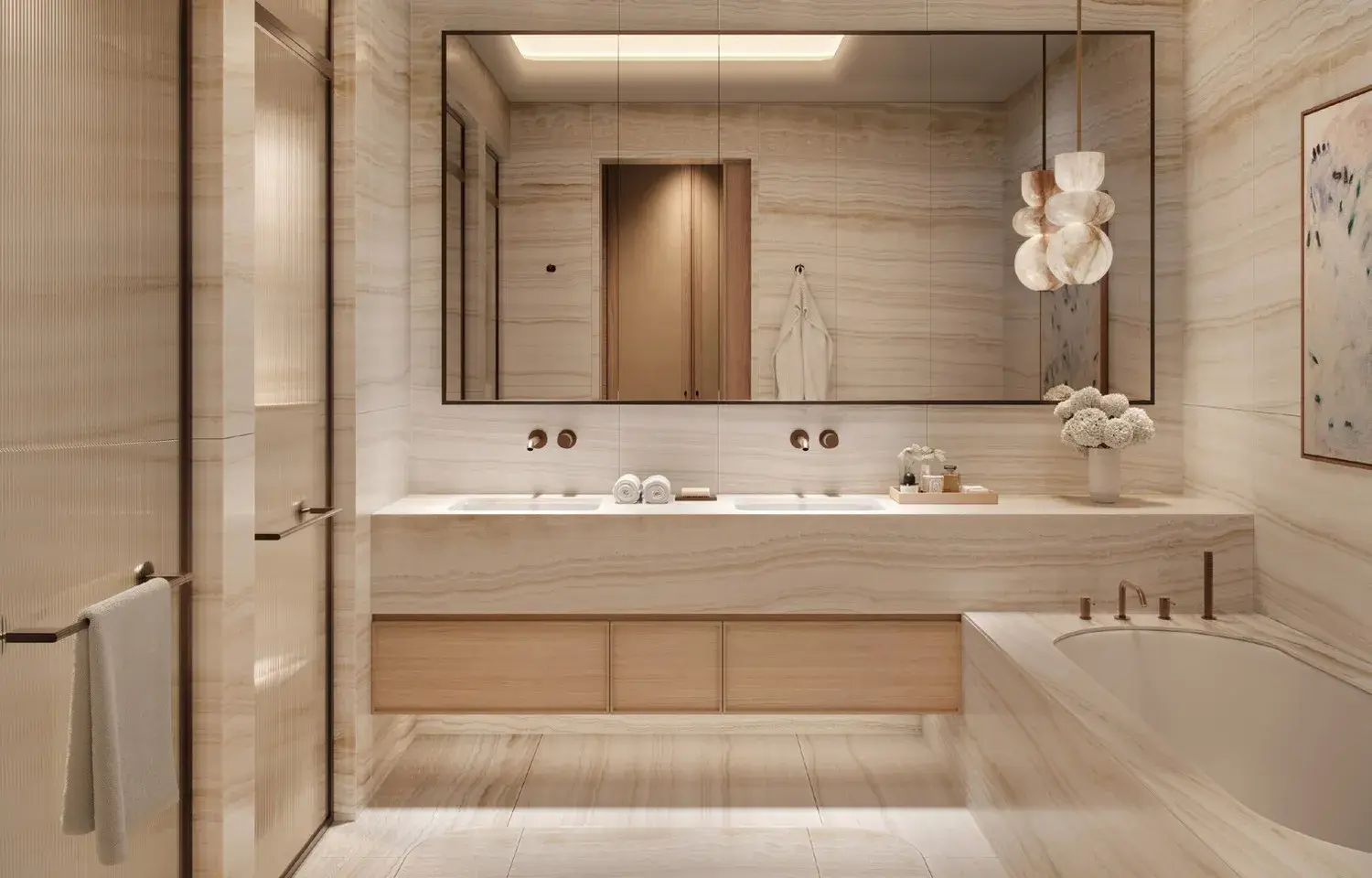 Stone bathroom with dual vanity at The Ritz-Carlton Residences, Al Maryah Island