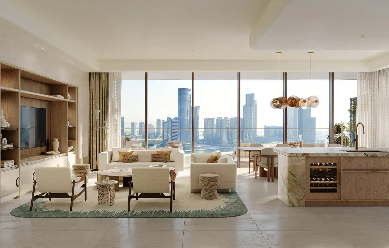 Kitchen and dining island at The Ritz-Carlton Residences, Al Maryah Island